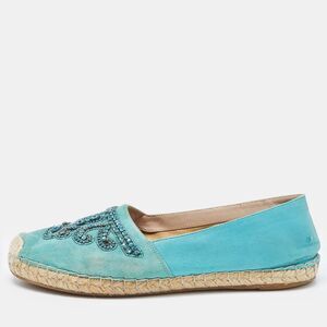 Le Silla Turquoise Suede And Leather Crystal Embellished Espadrille Flats Size